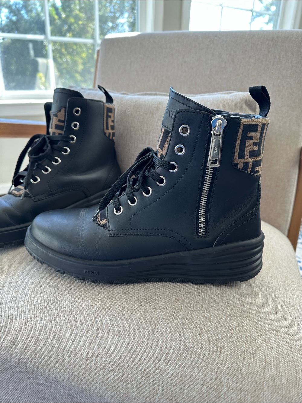 Fendi Black Leather Combat Boots with Brown FF Logo Collar